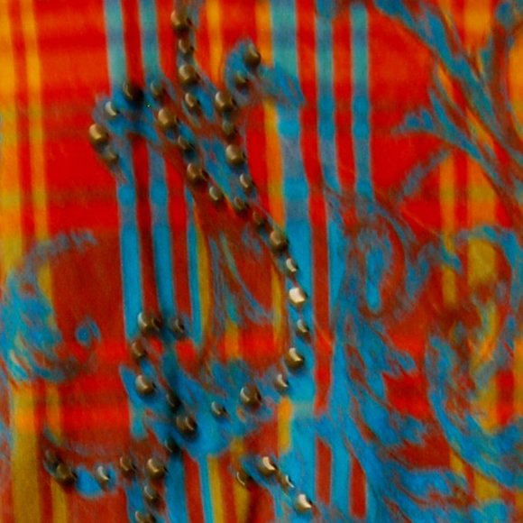 trendy, long sleeve shirt orange w turquoise and bronze studs, medium, very cute - Picture 3 of 4